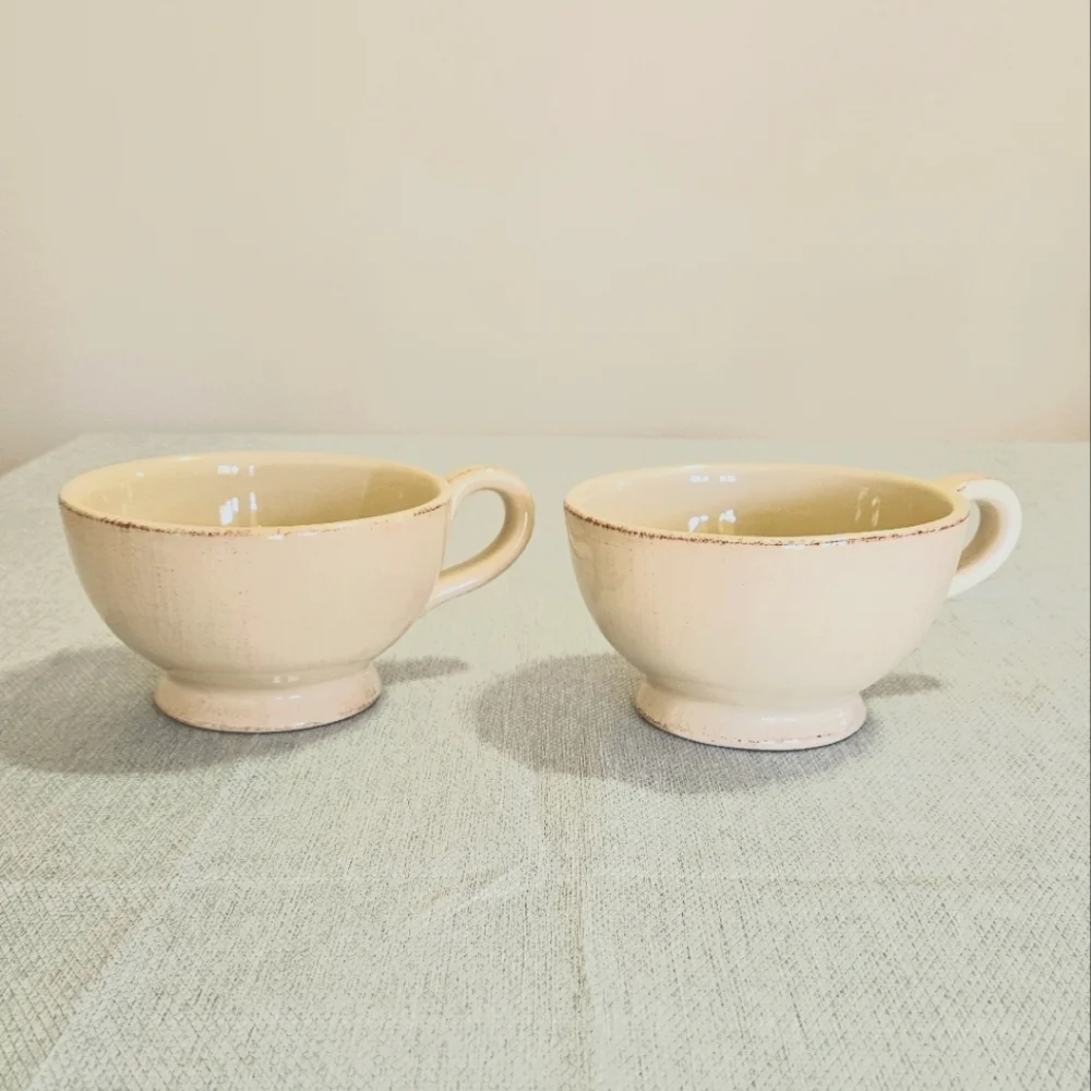 Vtg. Pier 1 Toscana Ivory 2 Jumbo Mugs Hand-Painted Earthenware Italy Discd 5.5